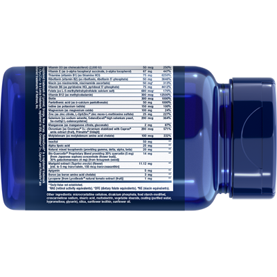 A blue plastic bottle of dietary supplement shown from the side, displaying the detailed nutrition facts label on a white background.