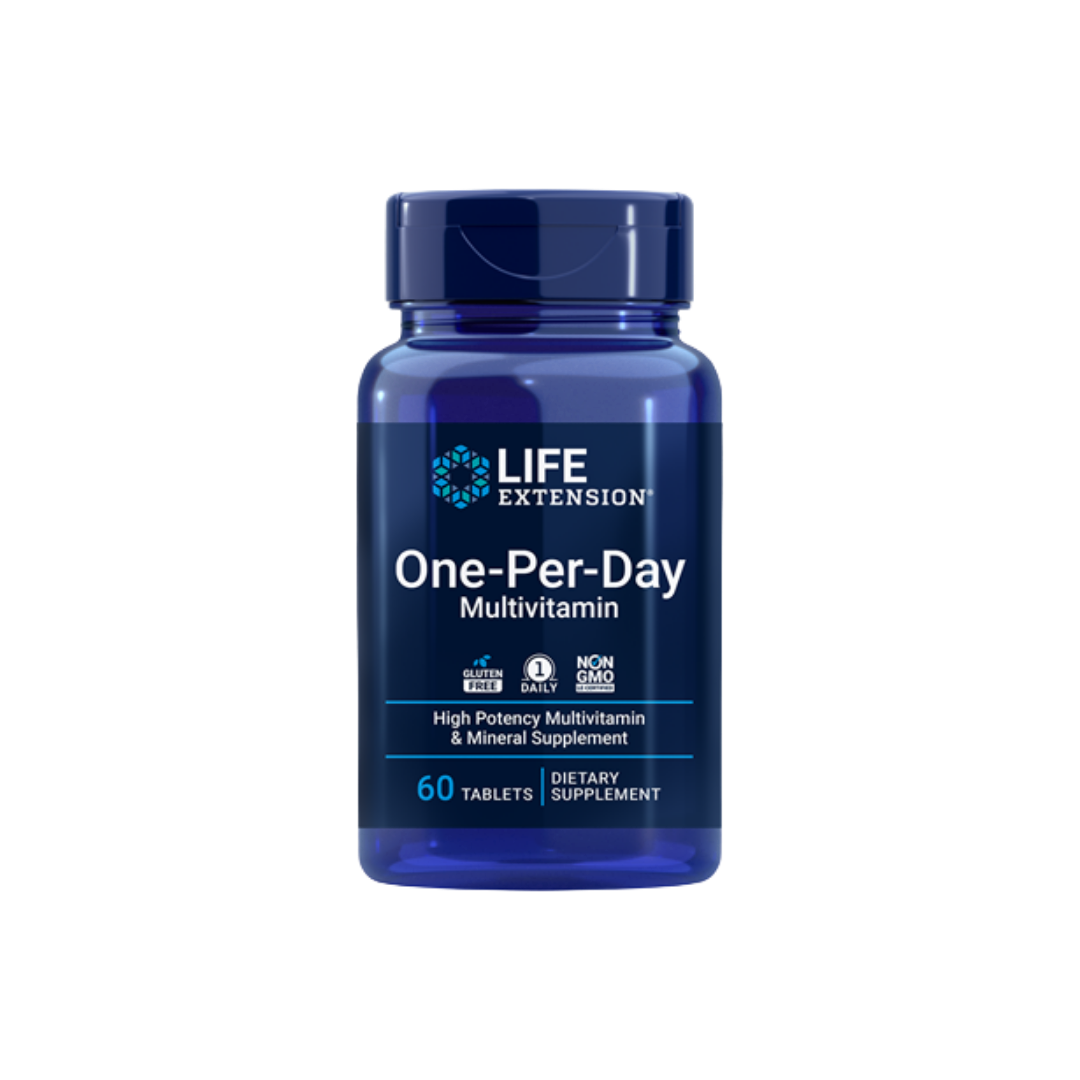 A blue bottle of Life Extension One-Per-Day Multivitamin dietary supplement with a dark blue cap, shown on a plain white background.