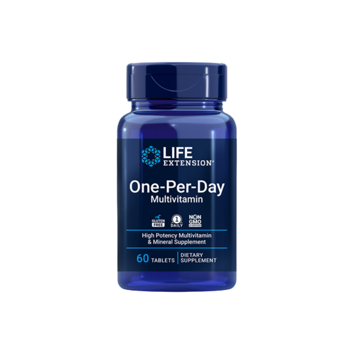 A blue bottle of Life Extension One-Per-Day Multivitamin dietary supplement with a dark blue cap, shown on a plain white background.