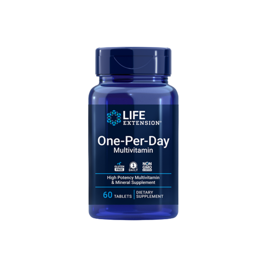 A blue bottle of Life Extension One-Per-Day Multivitamin dietary supplement with a dark blue cap, shown on a plain white background.
