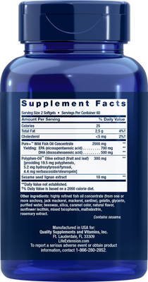 A blue plastic supplement bottle with a dark blue cap, showing the 'Supplement Facts' label on the back. The label lists ingredients such as fish oil concentrate and polyphenol oxidase, manufactured by Quality Supplements and Vitamins.