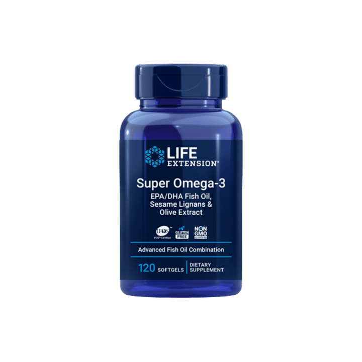 A blue bottle of Life Extension Super Omega-3 dietary supplement, containing 120 softgels, shown against a solid dark green background.