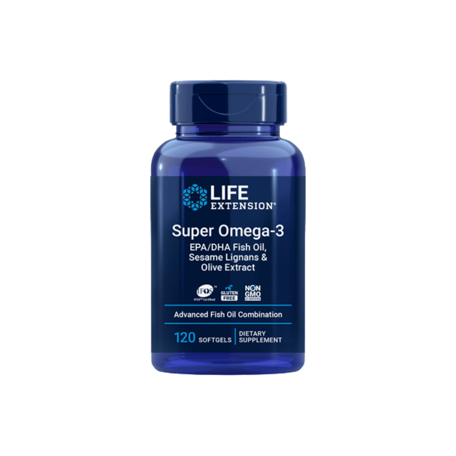 A blue bottle of Life Extension Super Omega-3 dietary supplement, containing 120 softgels, shown against a solid dark green background.