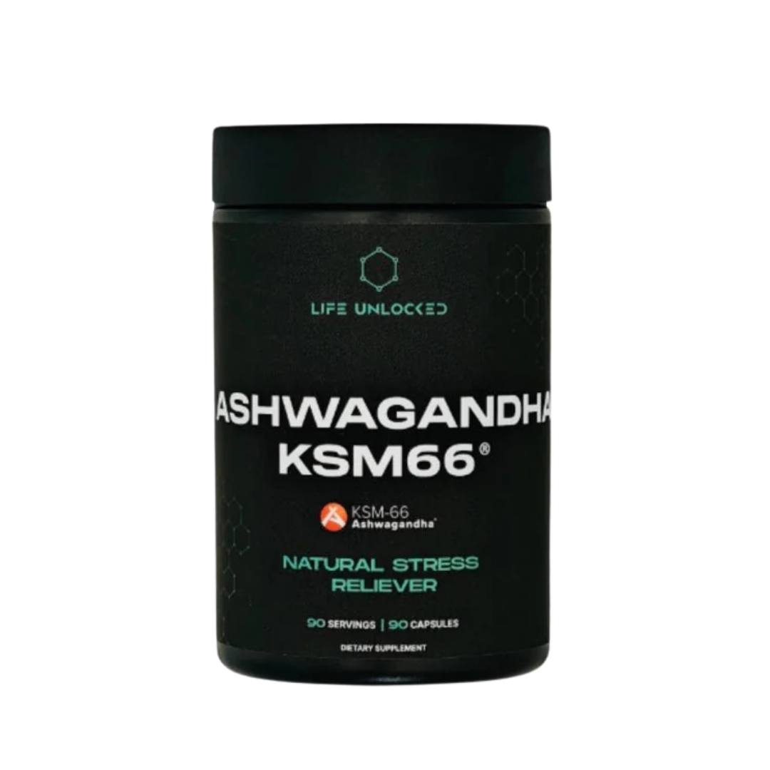 Black supplement container labeled 'Ashwagandha KSM66' on a white background