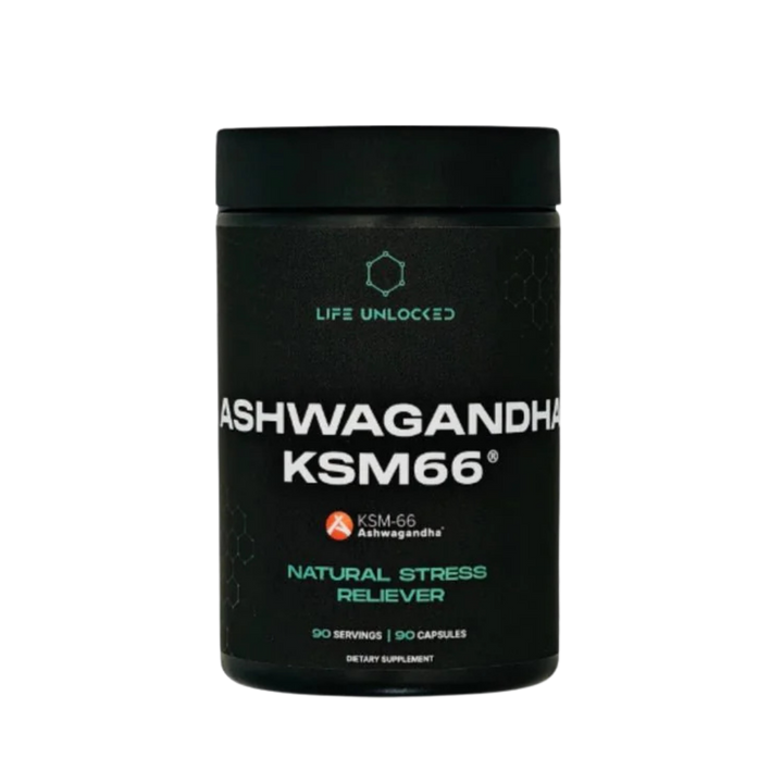 Black supplement container labeled 'Ashwagandha KSM66' on a white background