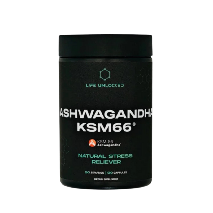 Black supplement container labeled 'Ashwagandha KSM66' on a white background