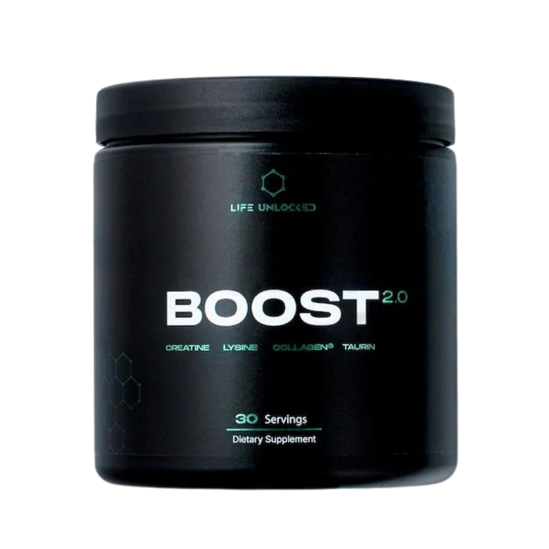 Black supplement container labeled 'BOOST 2.0' by Life Unlocked on a white background
