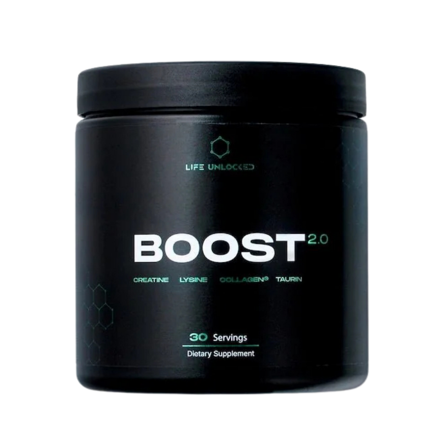 Black supplement container labeled 'BOOST 2.0' by Life Unlocked on a white background