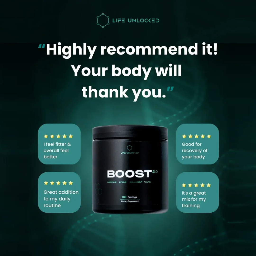 Black supplement container labeled 'BOOST' with positive user testimonials on a dark background.