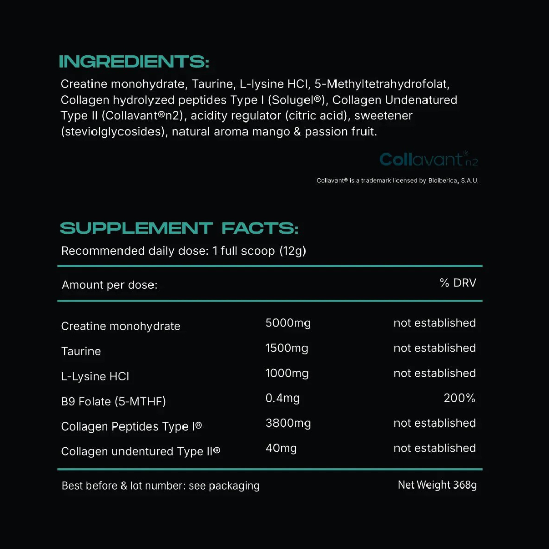 Supplement label with ingredients and supplement facts on a black background