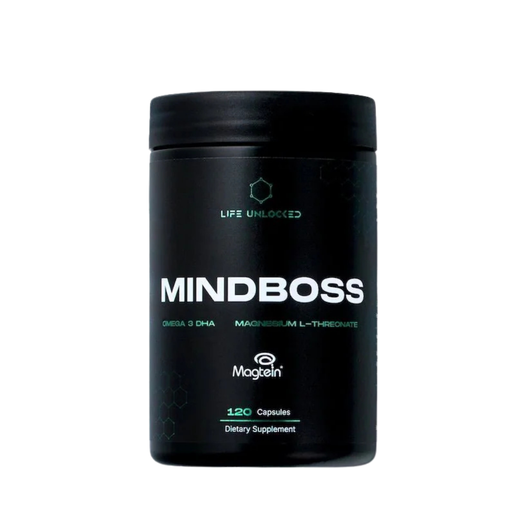 Black supplement container labeled 'MINDBOSS' on a white background