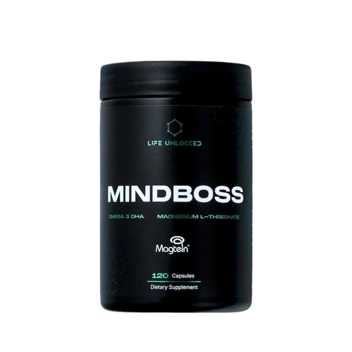 Black supplement container labeled 'MINDBOSS' on a white background