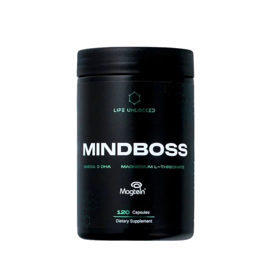 Black supplement container labeled 'MINDBOSS' on a white background