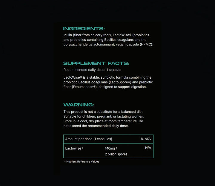 Supplement label with ingredients, supplement facts, and warning on a black background