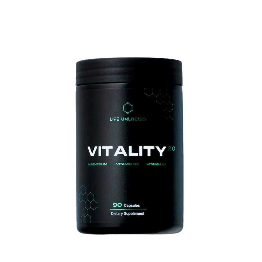 Black supplement container labeled 'Vitality 2.0' on a white background