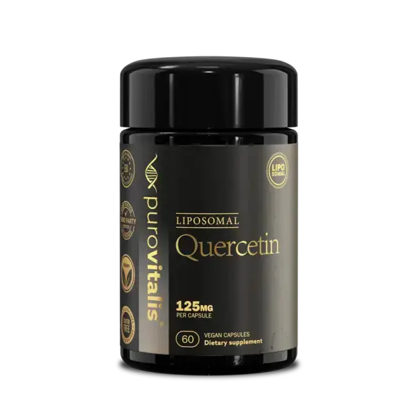 Black supplement bottle labeled 'Purovitalis Quercetin' on a white background