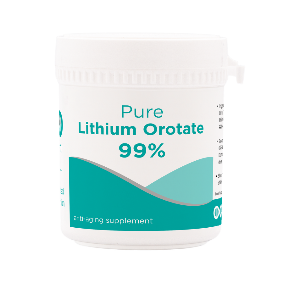 Container of Pure Lithium Orotate 99% supplement on a white background