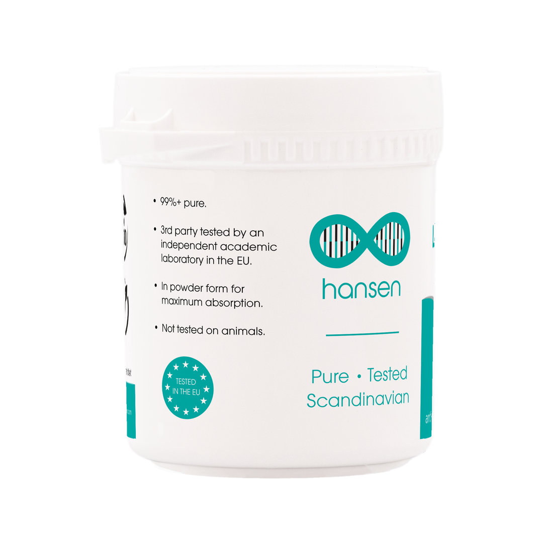 Container of Hansen supplement powder with branding and product details on a white background