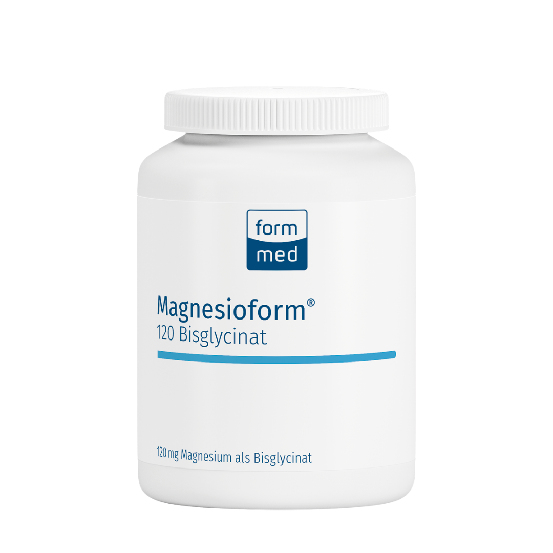 White supplement bottle labeled 'Magnesioform' with 'form med' logo on a transparent  background