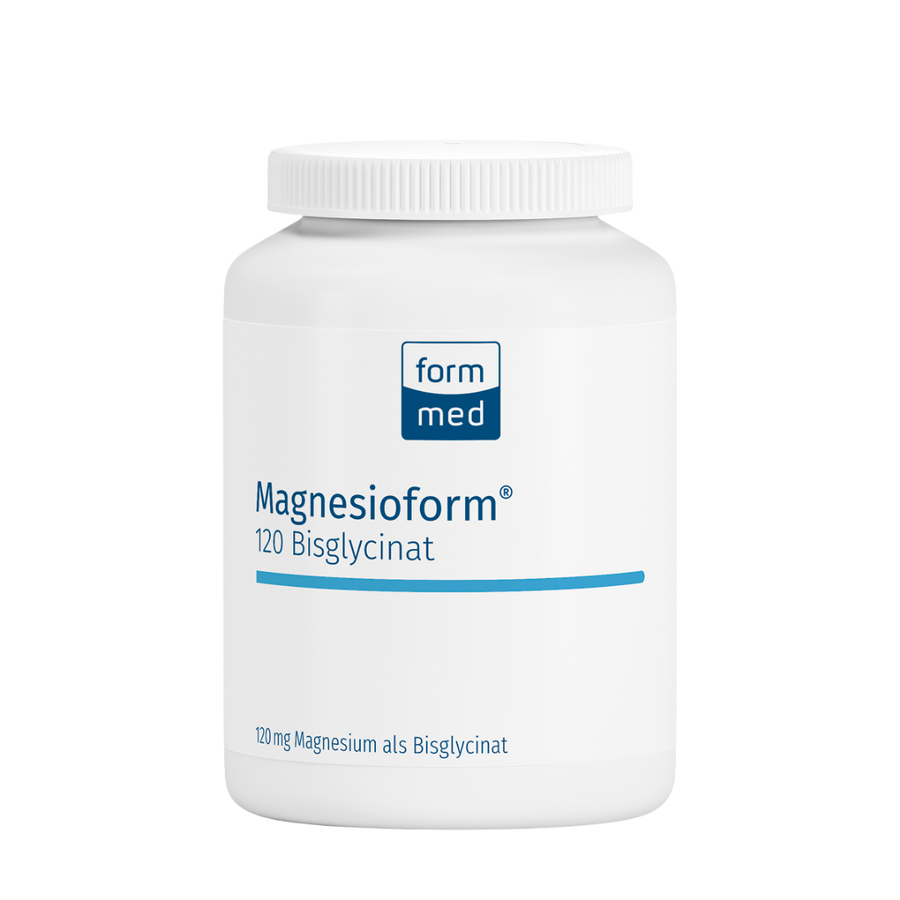 White supplement bottle labeled 'Magnesioform' with 'form med' logo on a transparent  background