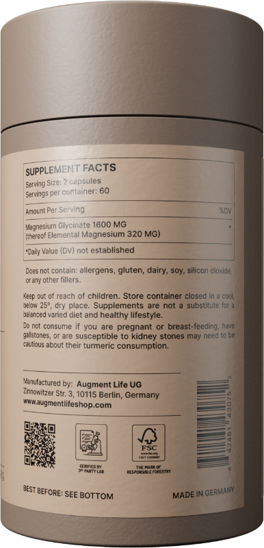 supplements facts on container of Augment Life Magnesium Glycinate capsules on a white background
