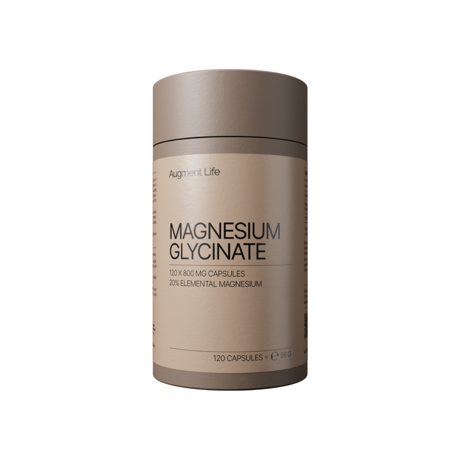 Container of Augment Life Magnesium Glycinate capsules on a white background