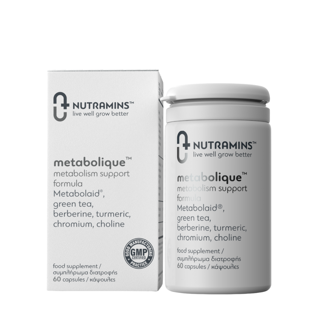 NUTRAMINS metabolique supplement container and packaging on a white background