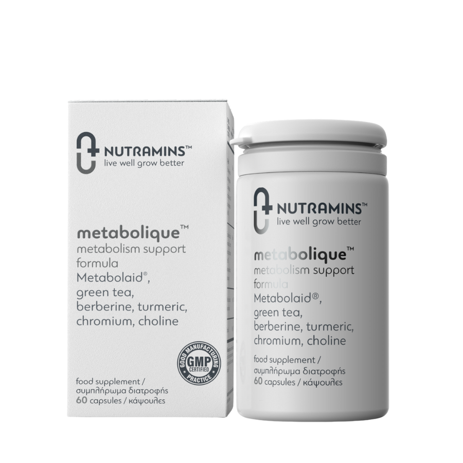 NUTRAMINS metabolique supplement container and packaging on a white background