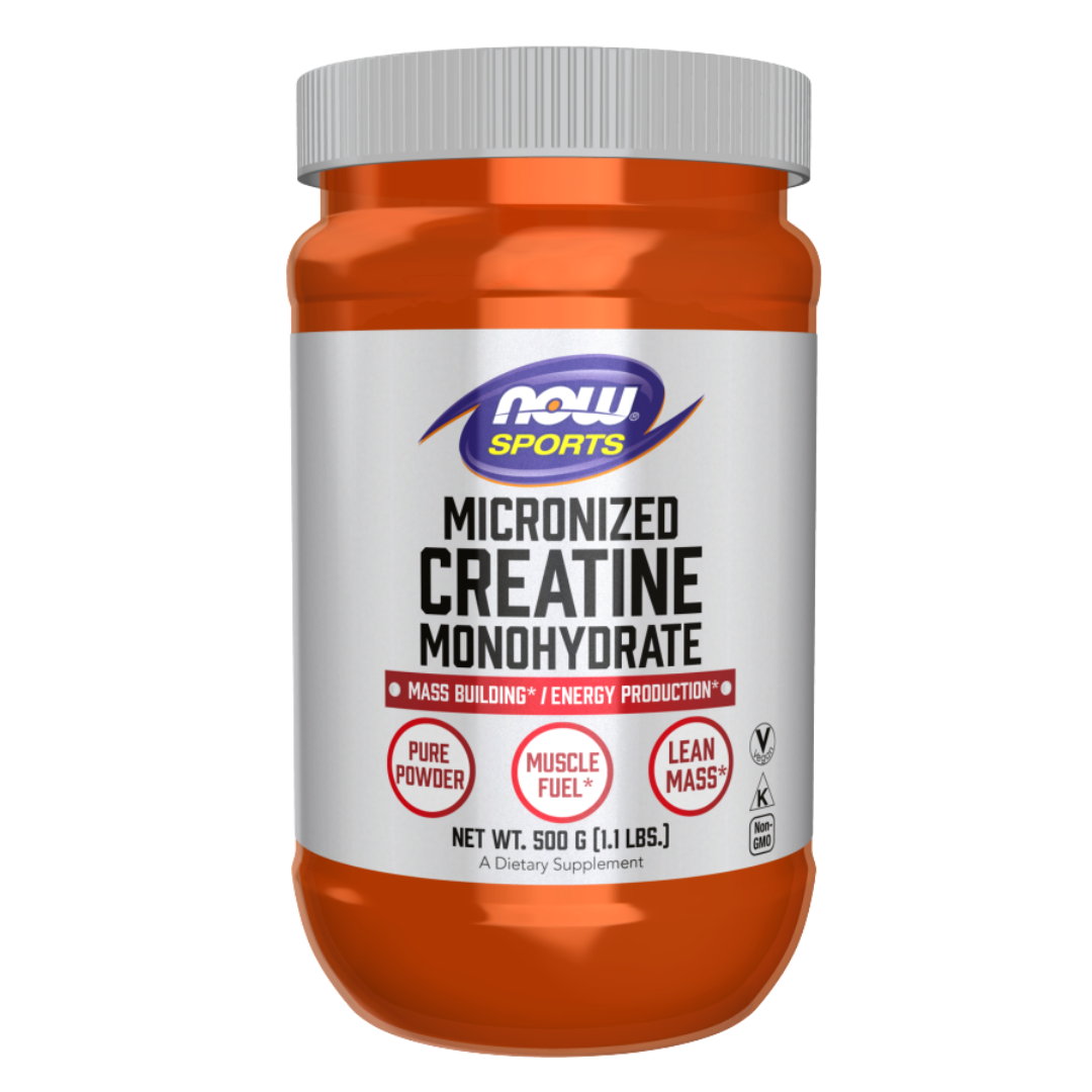 Front label showing NOW Sports branding, product name "Creatine Monohydrate, Micronized Powder", size (500g), and key callouts (Pure Powder, Muscle Fuel, Lean Mass)