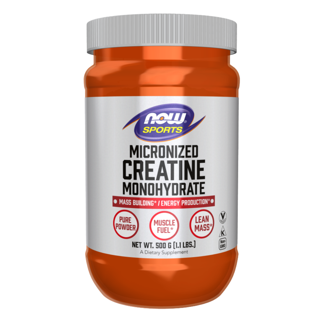 Front label showing NOW Sports branding, product name "Creatine Monohydrate, Micronized Powder", size (500g), and key callouts (Pure Powder, Muscle Fuel, Lean Mass)