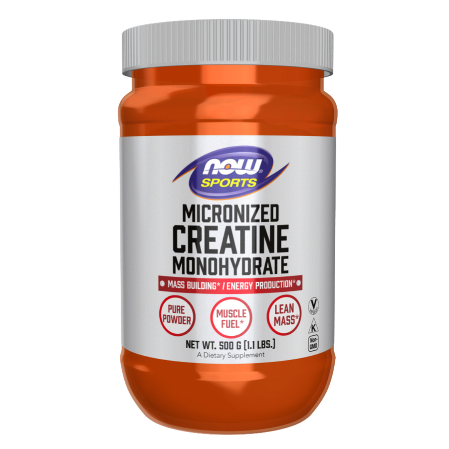 Front label showing NOW Sports branding, product name "Creatine Monohydrate, Micronized Powder", size (500g), and key callouts (Pure Powder, Muscle Fuel, Lean Mass)