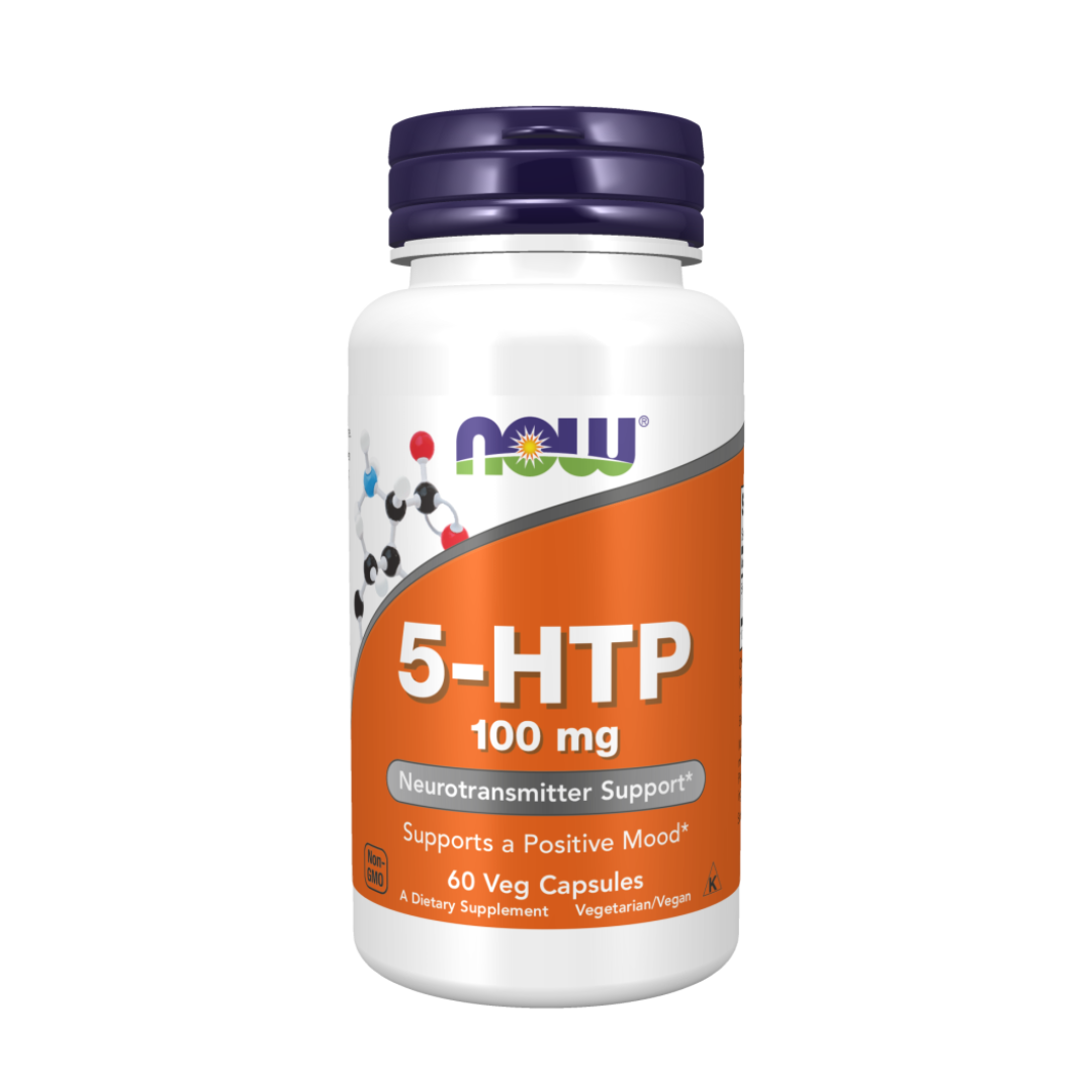 Supplement bottle labeled '5-HTP 100 mg' by NOW on a white background