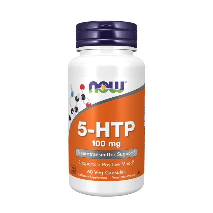 Supplement bottle labeled '5-HTP 100 mg' by NOW on a white background