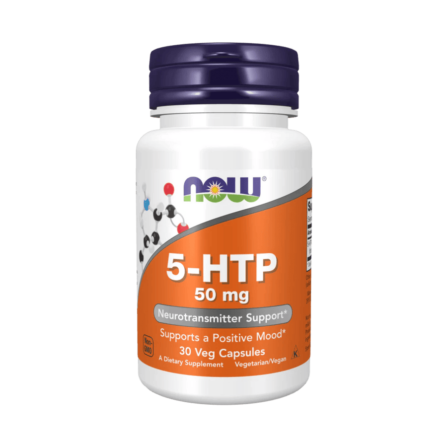 Supplement bottle labeled '5-HTP 50 mg' with Now brand on a green background