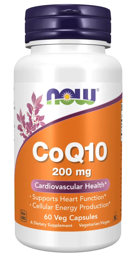 Front of a Now Foods CoQ10 200 mg bottle showing label and 60 veg capsules