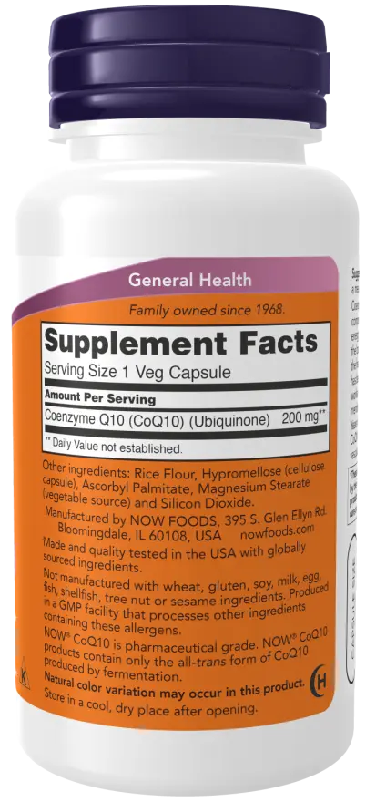 Supplement facts and ingredients list for Now Foods CoQ10 200 mg, showing serving size, CoQ10 amount per capsule, and other ingredients like rice flour and hypromellose.