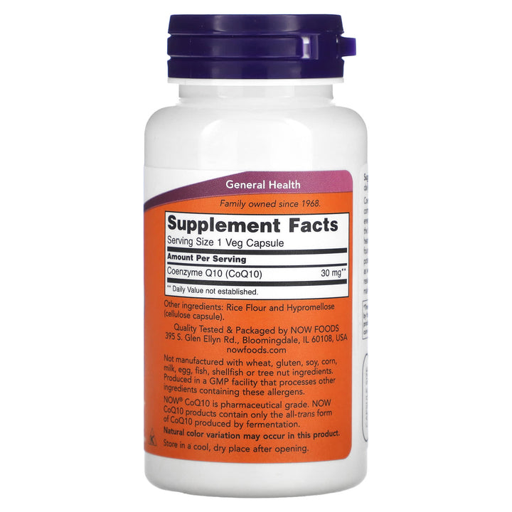 Supplement facts and ingredients list for Now Foods CoQ10 30 mg, showing serving size, CoQ10 amount per capsule, and other ingredients like rice flour and hypromellose.
