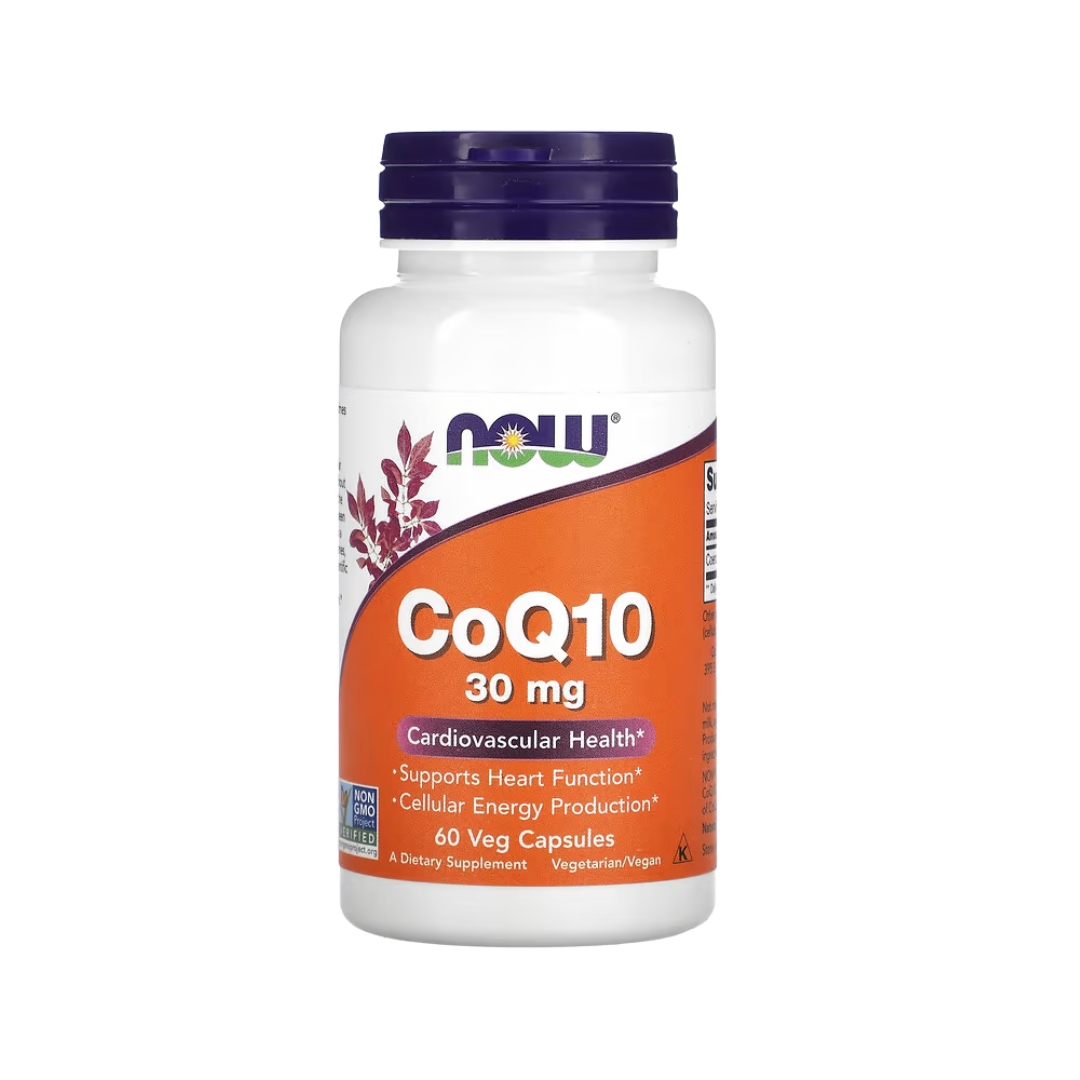 Front of a Now Foods CoQ10 30 mg bottle showing label and 60 veg capsules