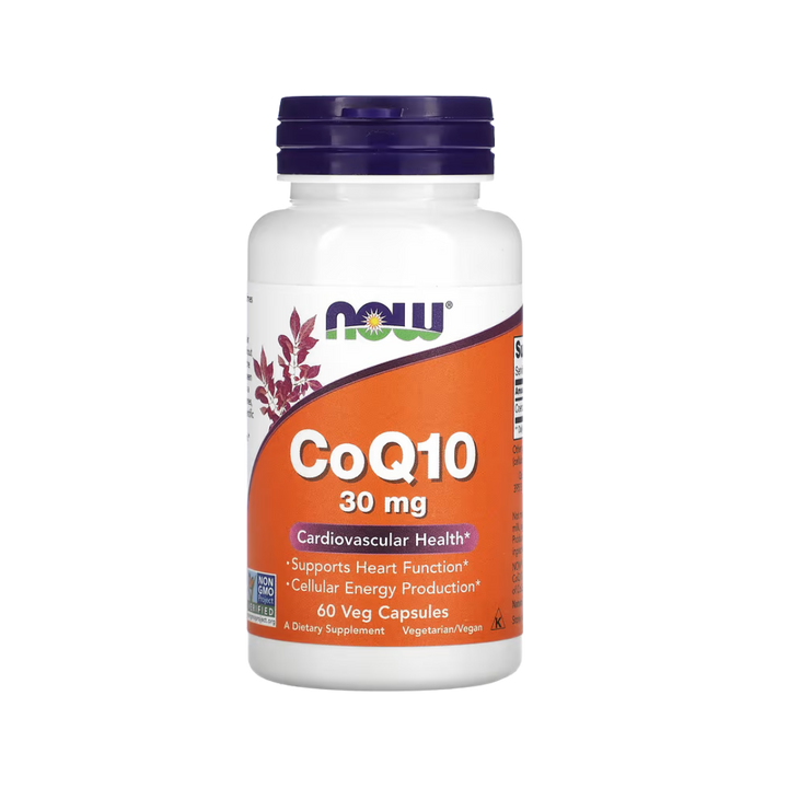 Front of a Now Foods CoQ10 30 mg bottle showing label and 60 veg capsules
