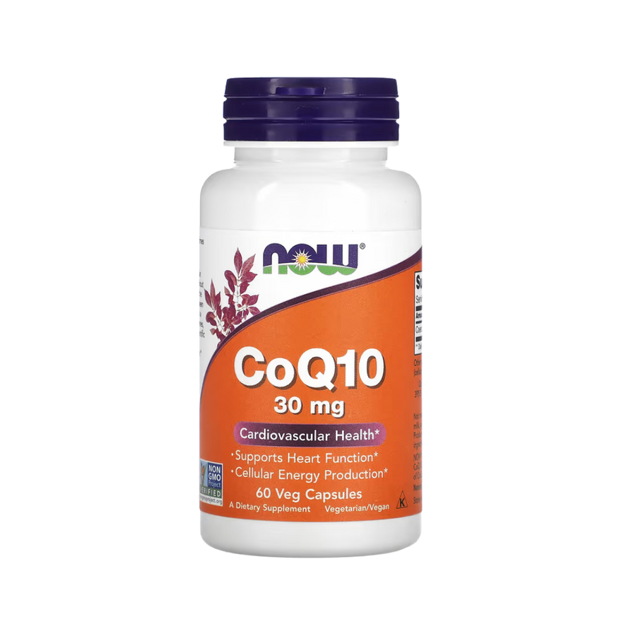 Front of a Now Foods CoQ10 30 mg bottle showing label and 60 veg capsules