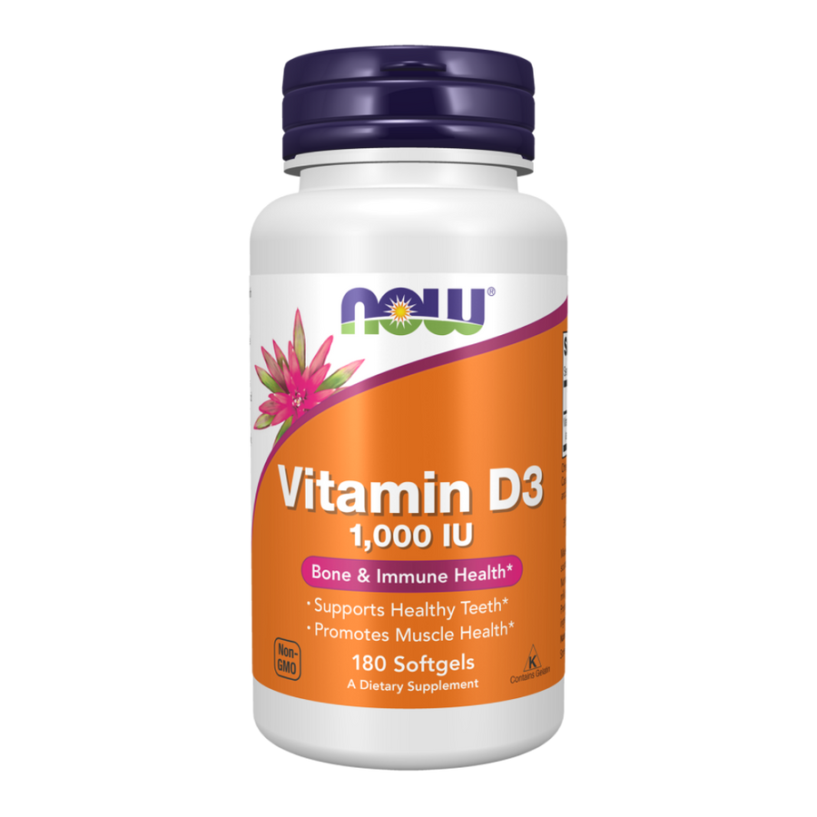 Supplement bottle labeled 'Vitamin D3 1,000 IU' by NOW on a white background