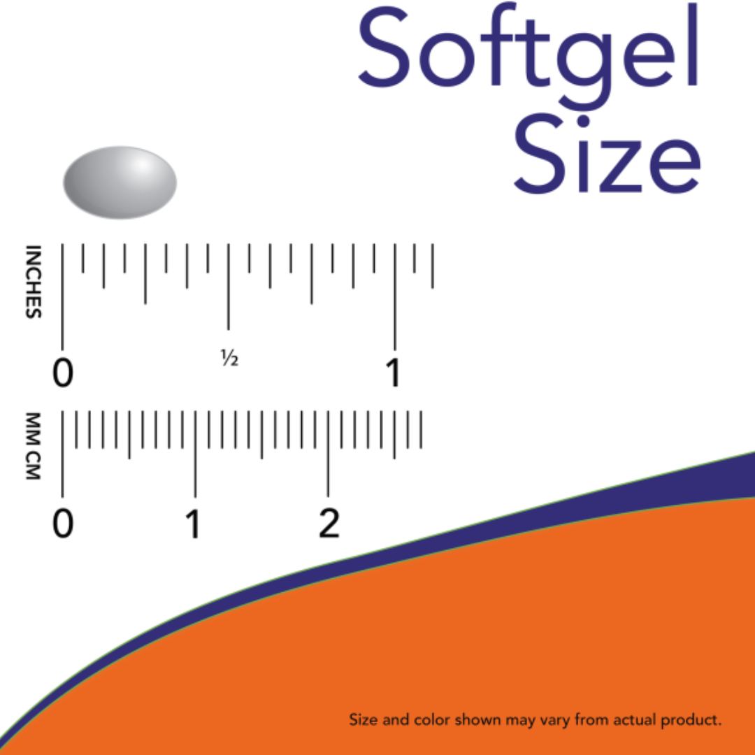 Measurement chart showing softgel size with a ruler and an orange softgel illustration.