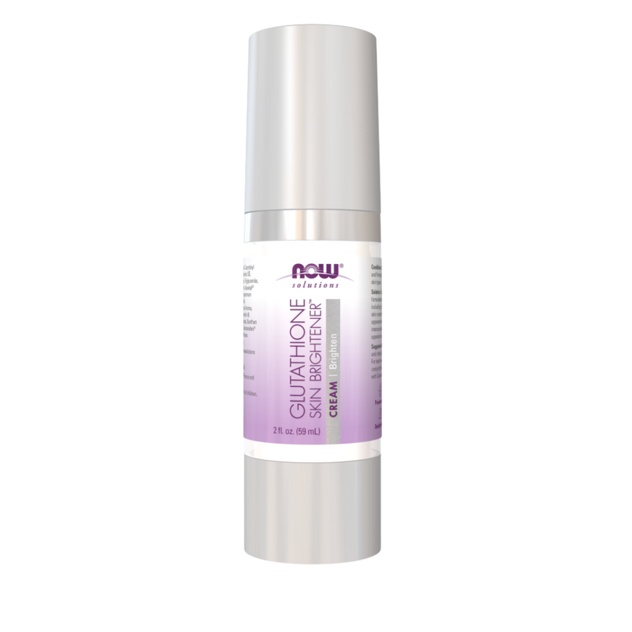 A silver cylindrical cosmetic tube of Now Solutions Glutathione Brightener Cream on a plain white background.