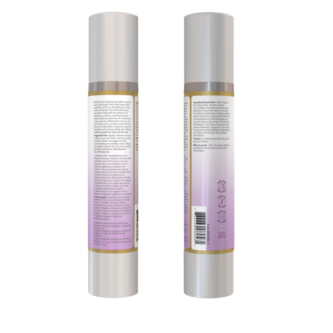 Side and back image: NOW Solutions Blemish Clear Gel Cleanser, side and back packaging