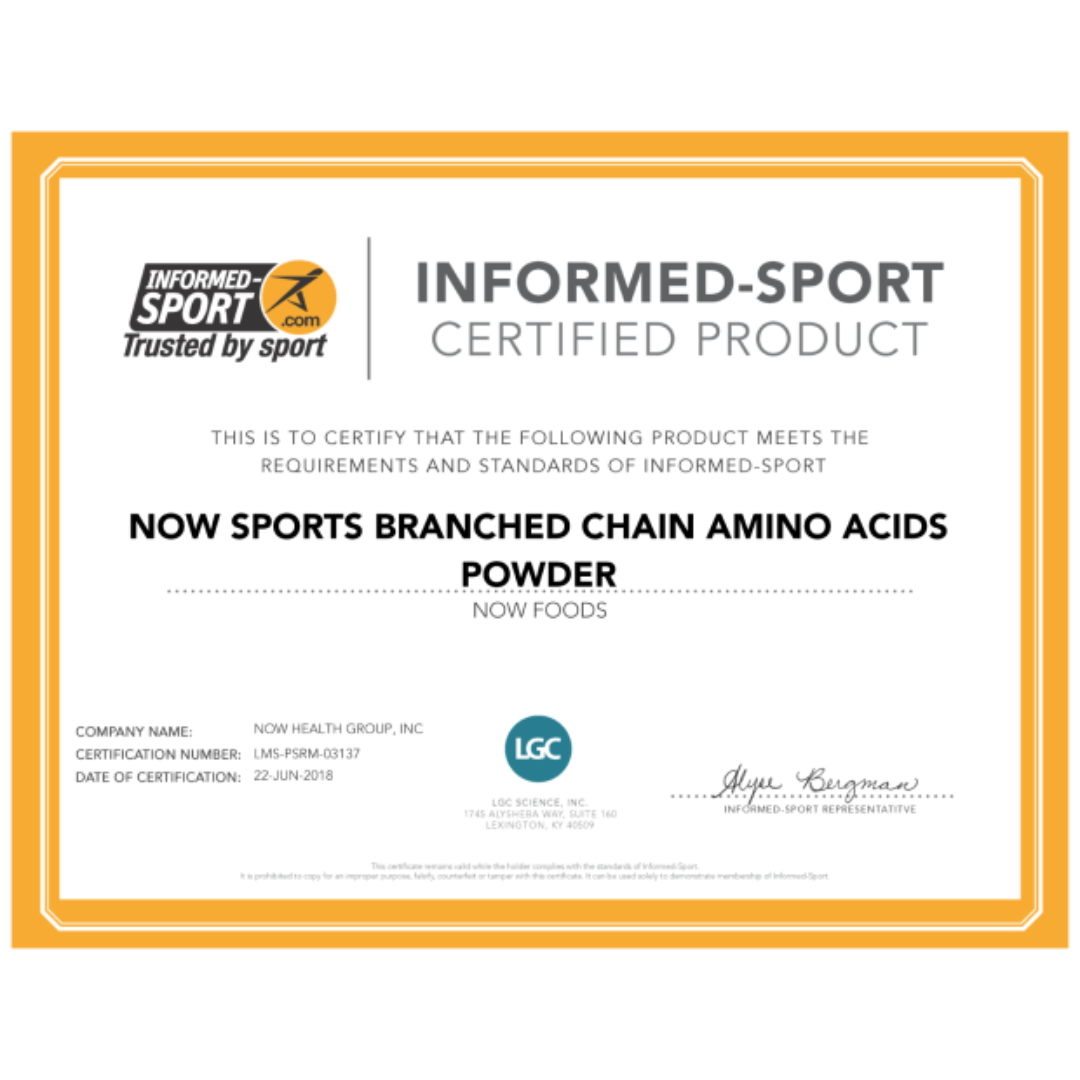 Informed-Sport certification label for NOW Sports Branched Chain Amino Acids Powder on a white background.