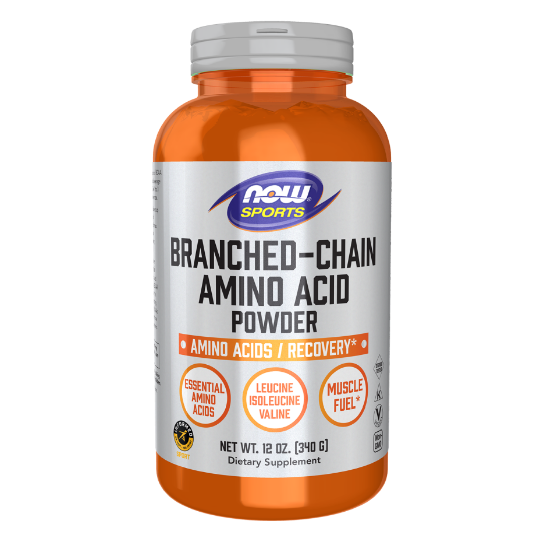 Bottle of Now Sports Branched-Chain Amino Acid Powder on a white background