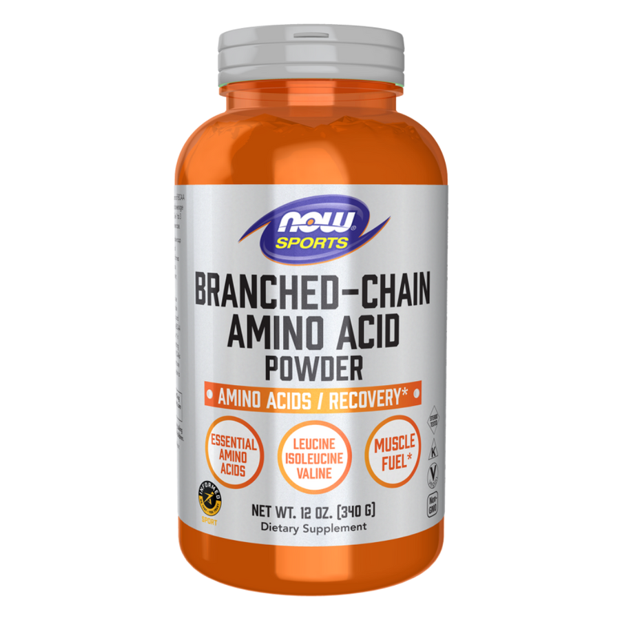 Bottle of Now Sports Branched-Chain Amino Acid Powder on a white background