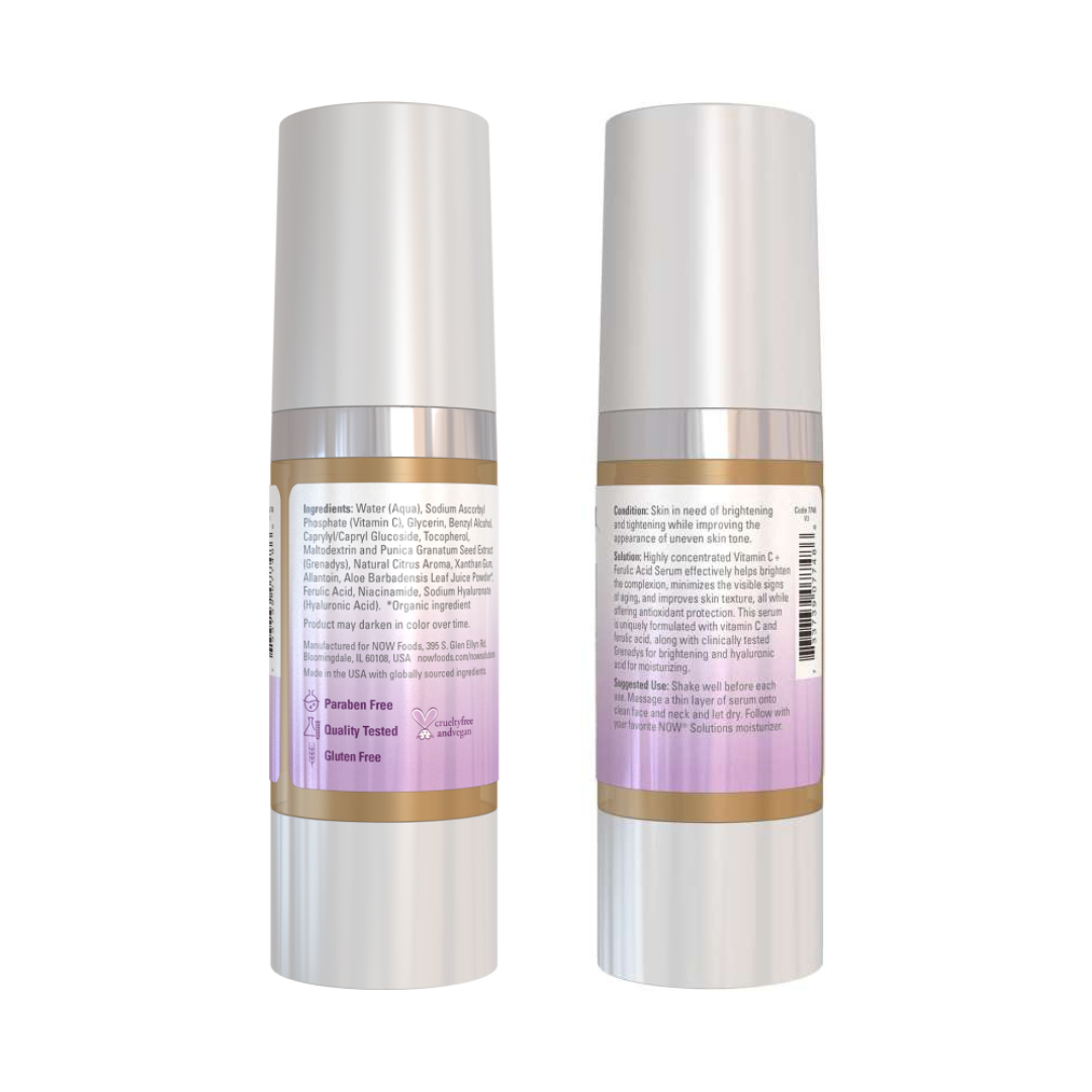 Two cylindrical cosmetic bottles shown side by side on a plain white background, displaying the back of the labels with product details.