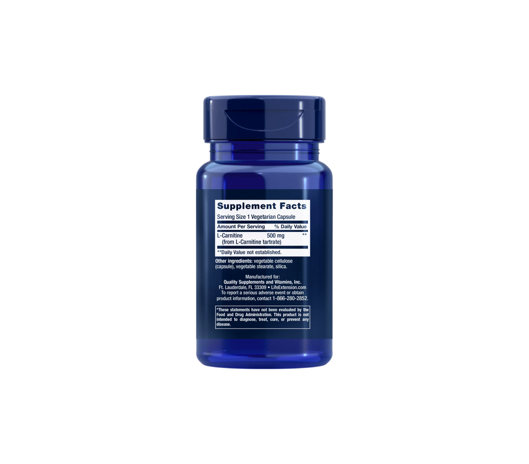 Back label of Life Extension L-Carnitine 500 mg supplement bottle, showing supplement facts and ingredients list