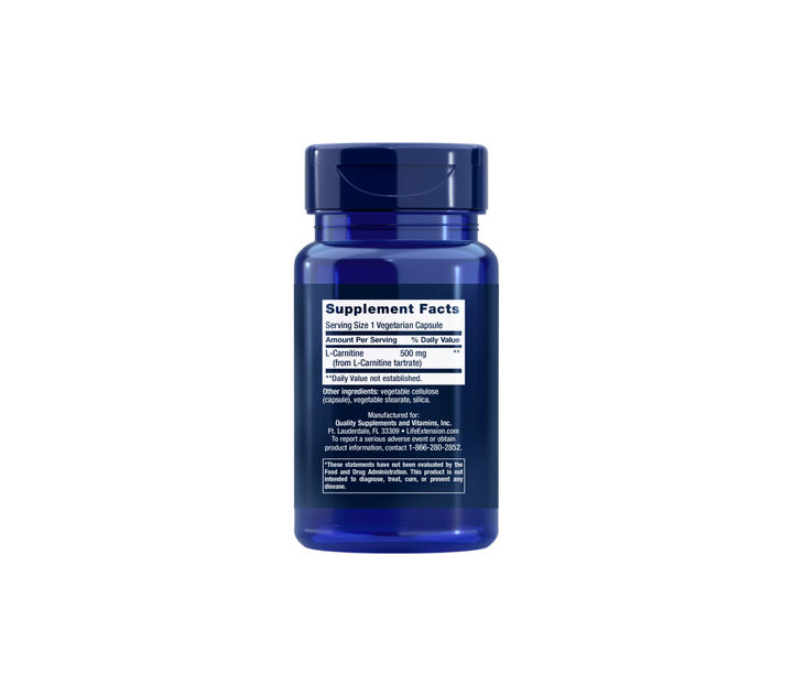 Back label of Life Extension L-Carnitine 500 mg supplement bottle, showing supplement facts and ingredients list